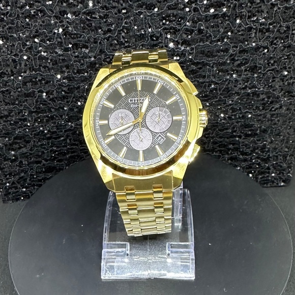 Men's Gold (WOT) Black Faced Citizen Echo Drive Chronograph with Date - Picture 2 of 4